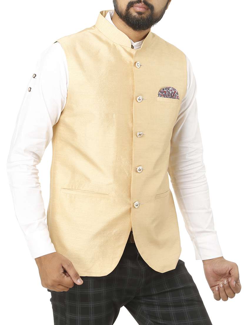 beige silk blend nehru jacket - 15583986 -  Standard Image - 1