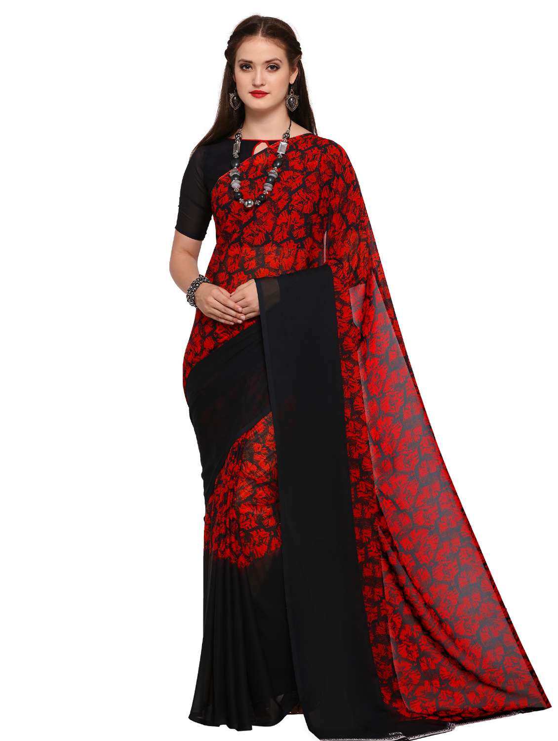 contrast bordered printed saree with blouse