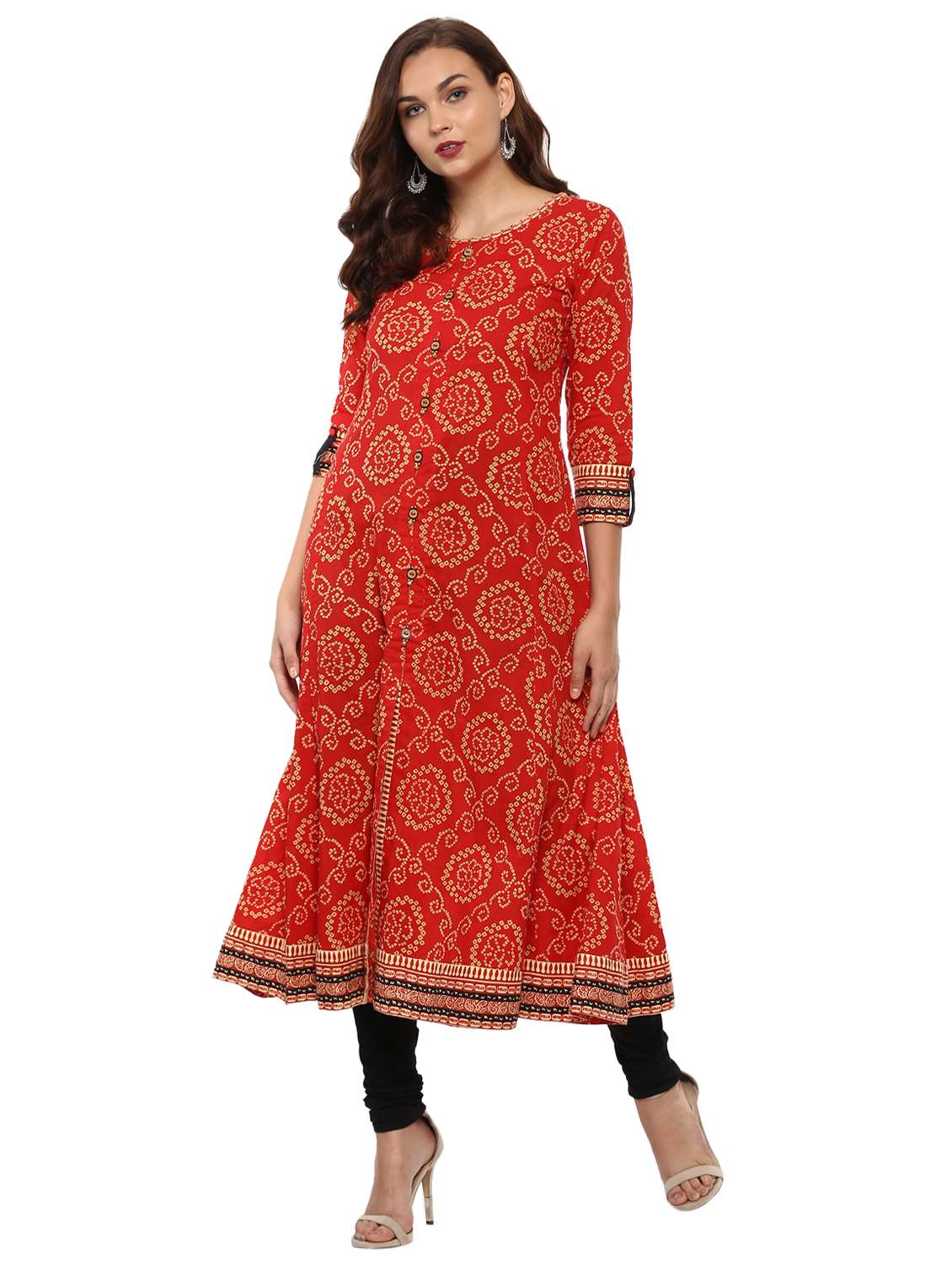 a-line bandhani neck detailing kurta