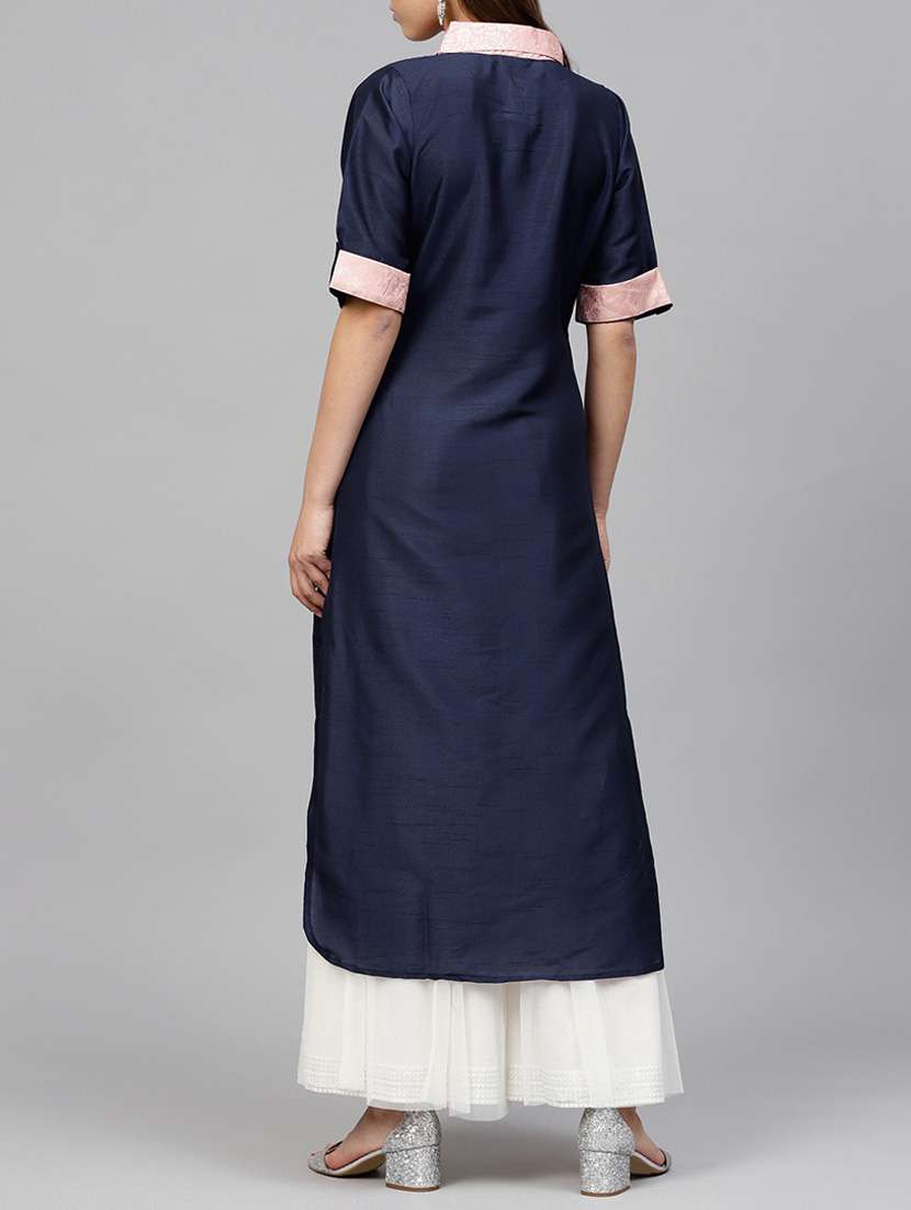 navy blue straight kurta - 15605701 -  Standard Image - 1