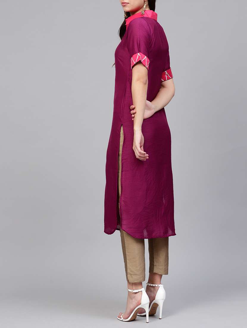 purple straight solid kurta - 15605703 -  Standard Image - 1