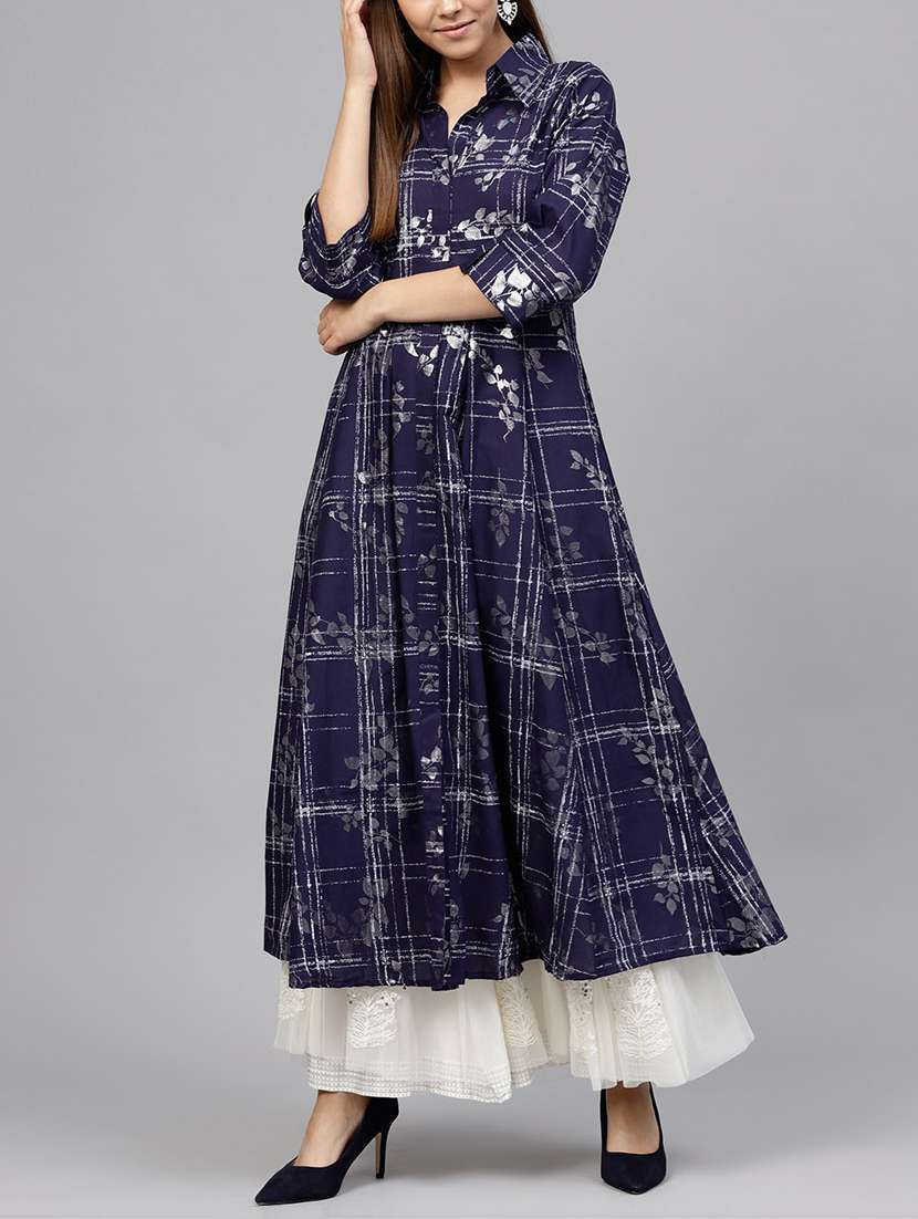 indigo foil printed flared kurta