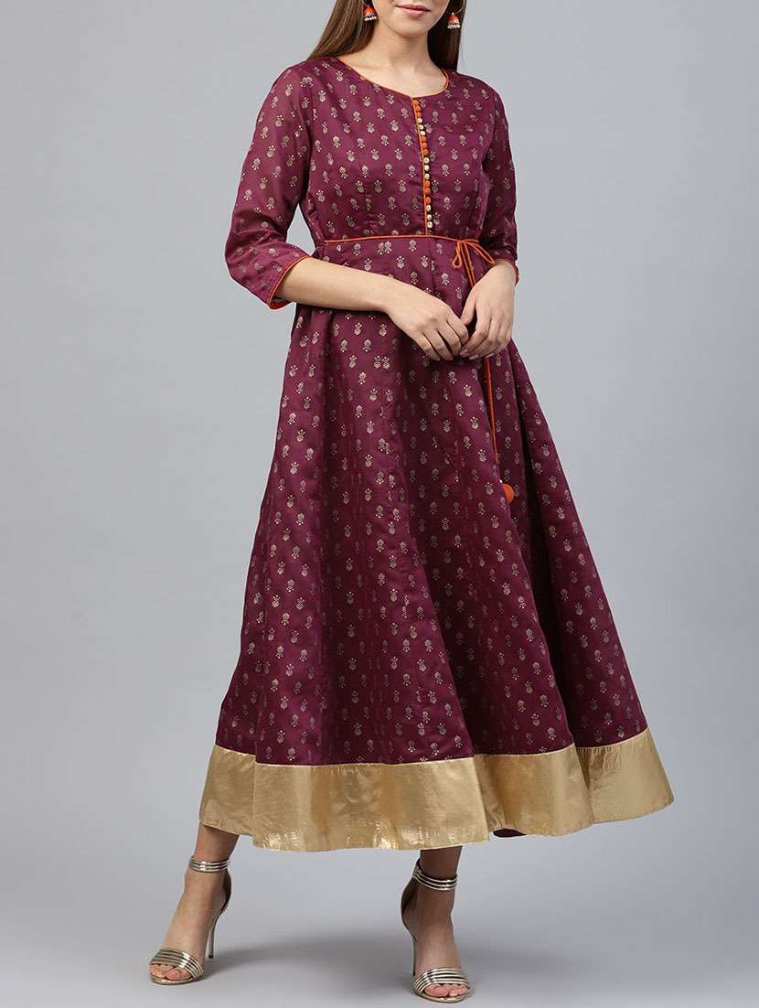 Foil print anarkali dress with tassels