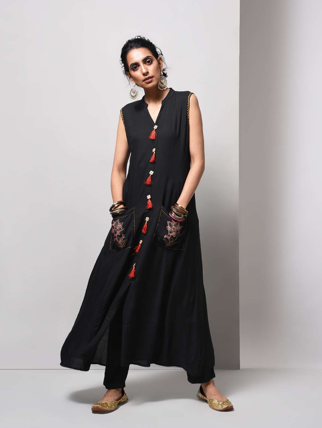 a-line pocket kurta with tassels