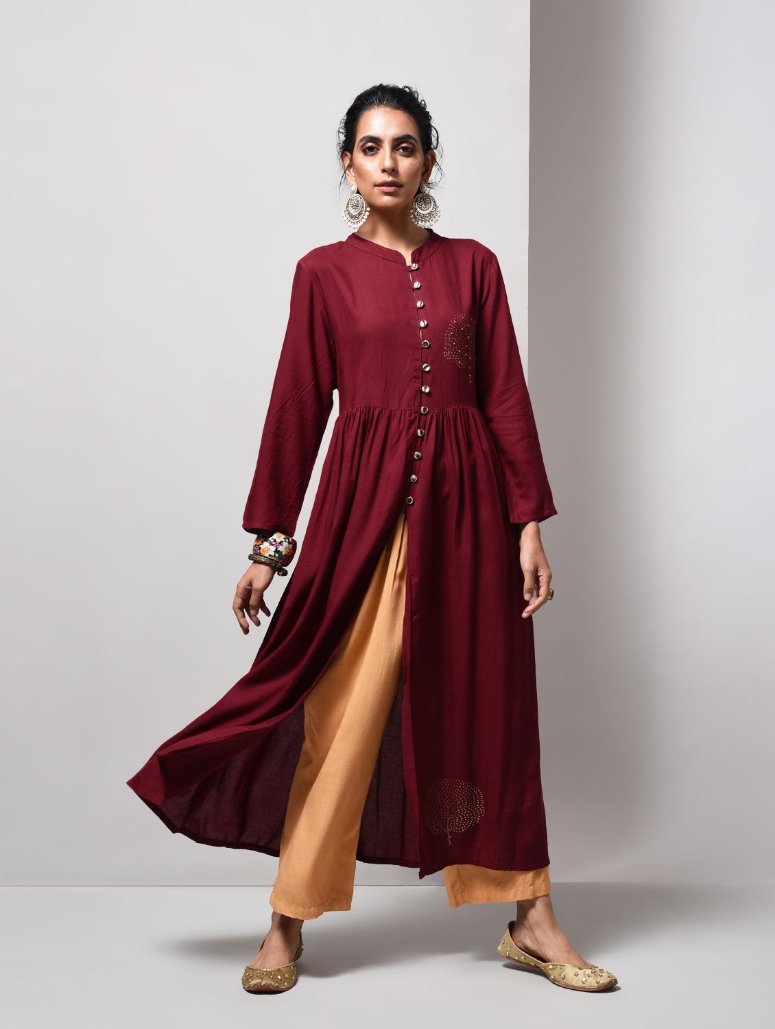 wine high slit printed kurta