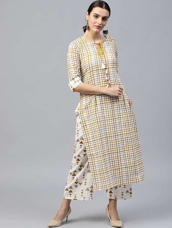 checks front drawstring kurta with palazzo set