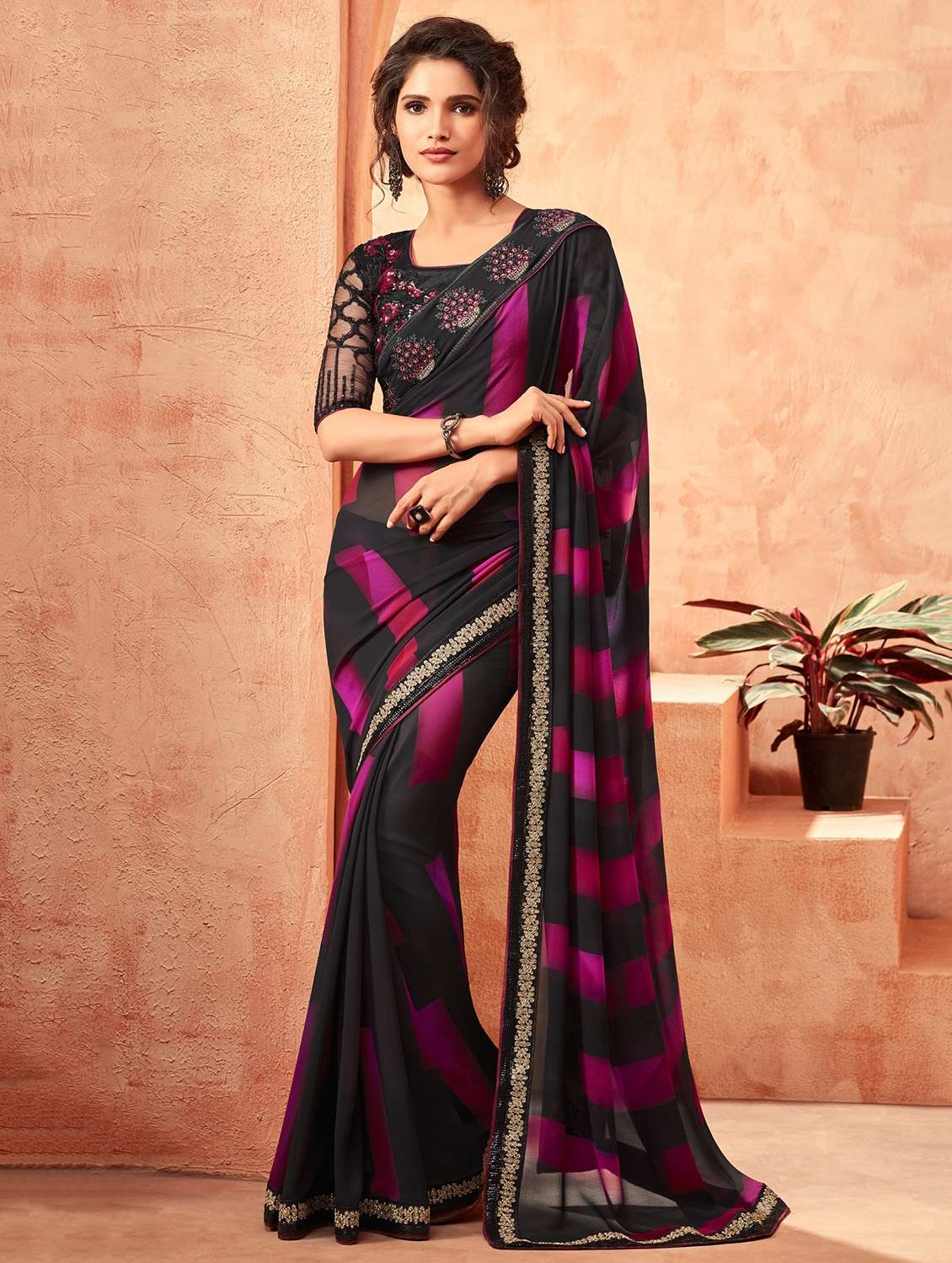 stripes printed saree
