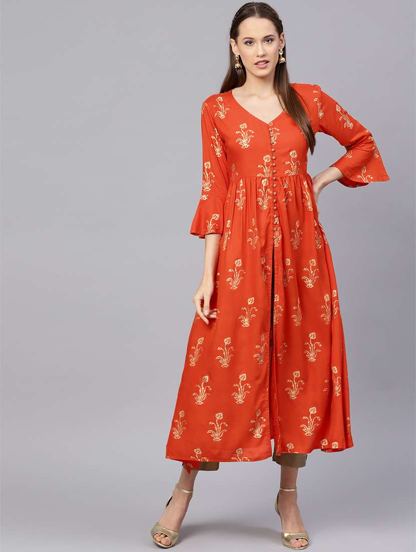 block print bell sleeves high slit kurta