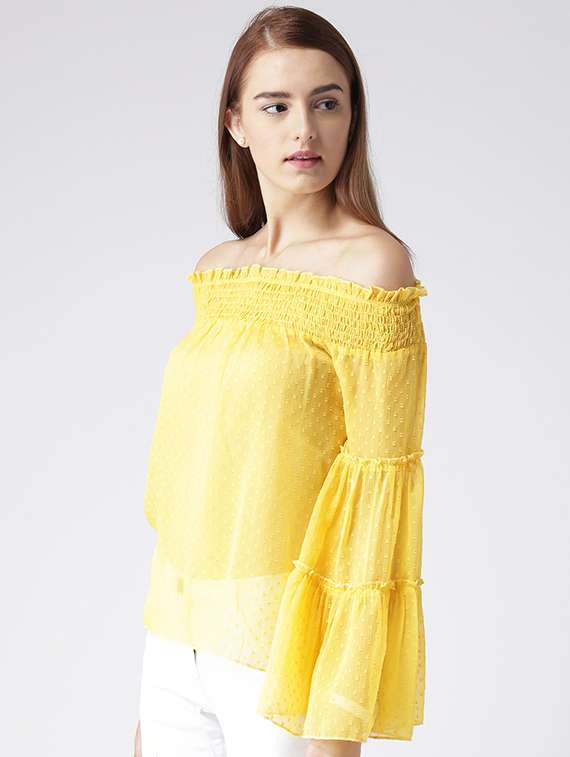Buy online Smocked Self Design Bardot Top from western wear for