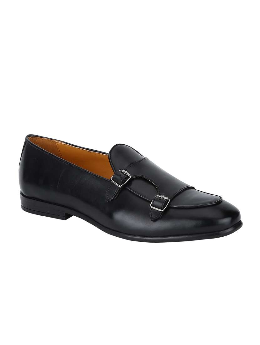 black leather slip on monk straps
