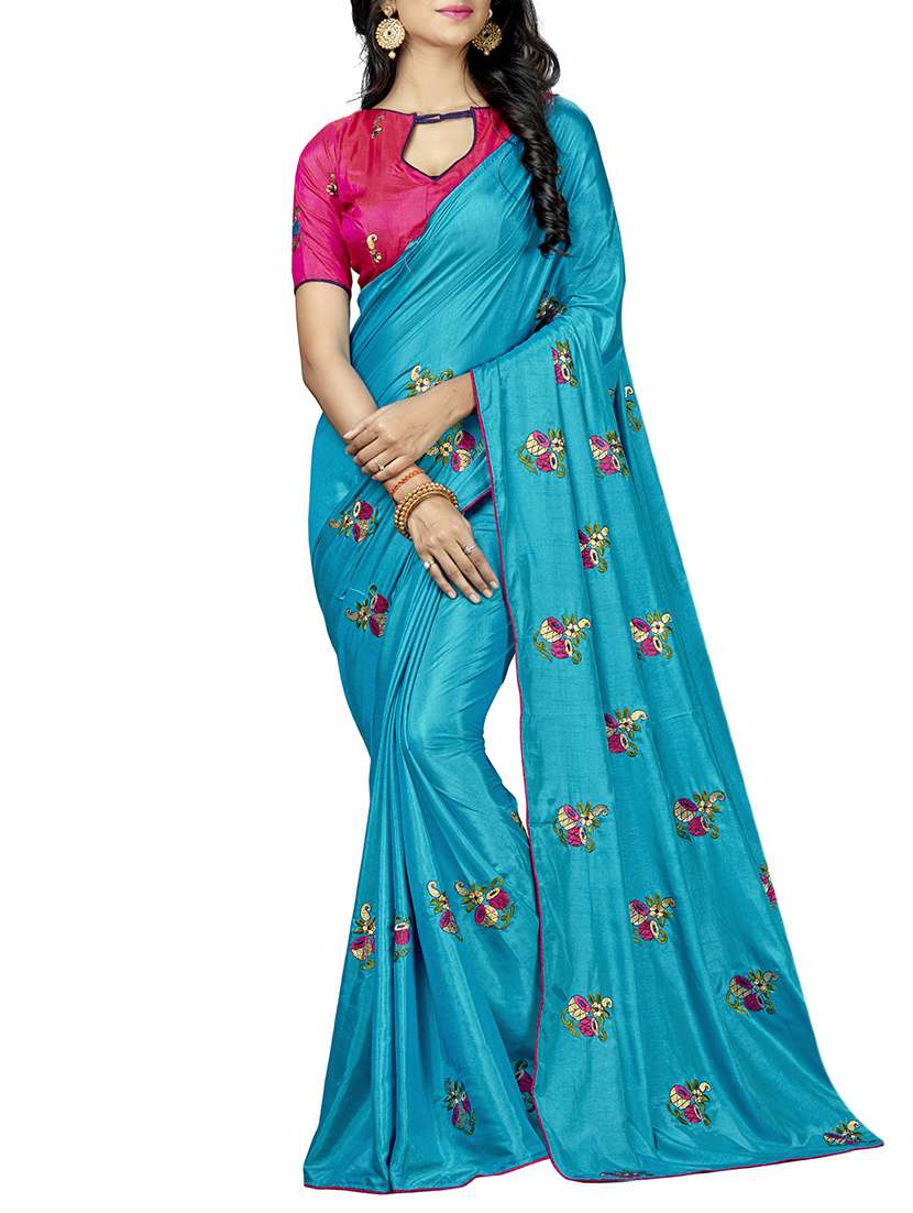 conversational blue embroidered saree with blouse