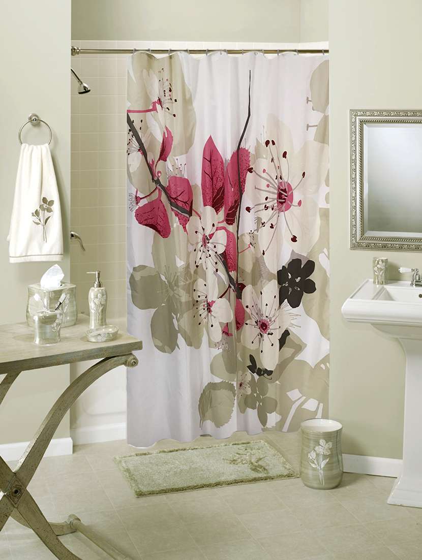 digital pink leaf design shower curtain with 12 eyelets and 12 hooks (single pc, 71