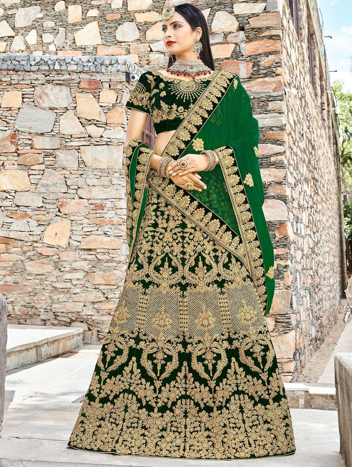 gold zari embroidered flared lehenga