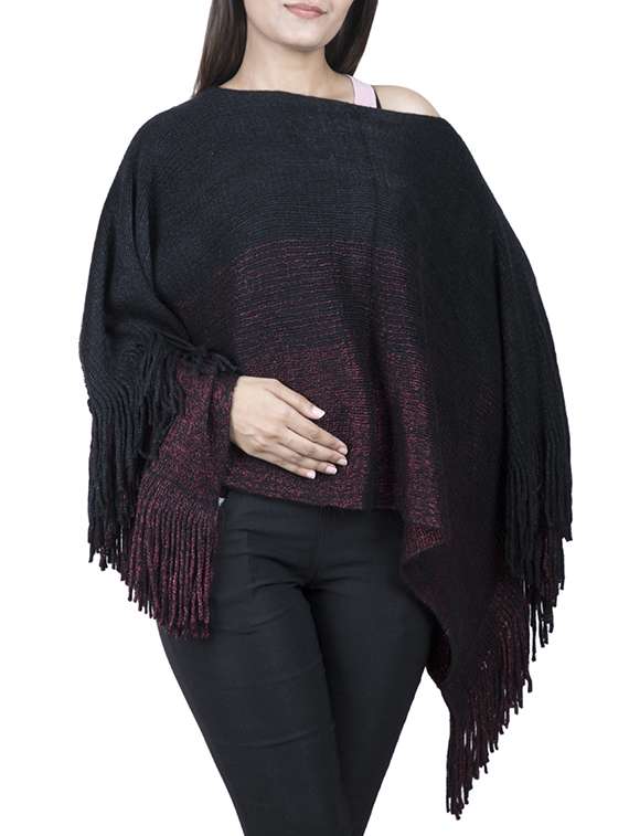 single shoulder fringed hem poncho