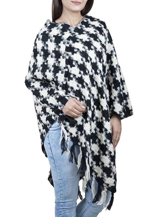 v neck fringed hem poncho