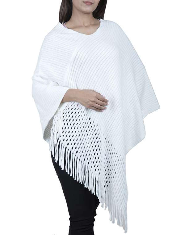 rib knit fringed hem poncho