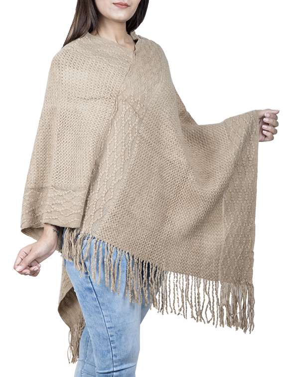 v neck fringed hem solid poncho