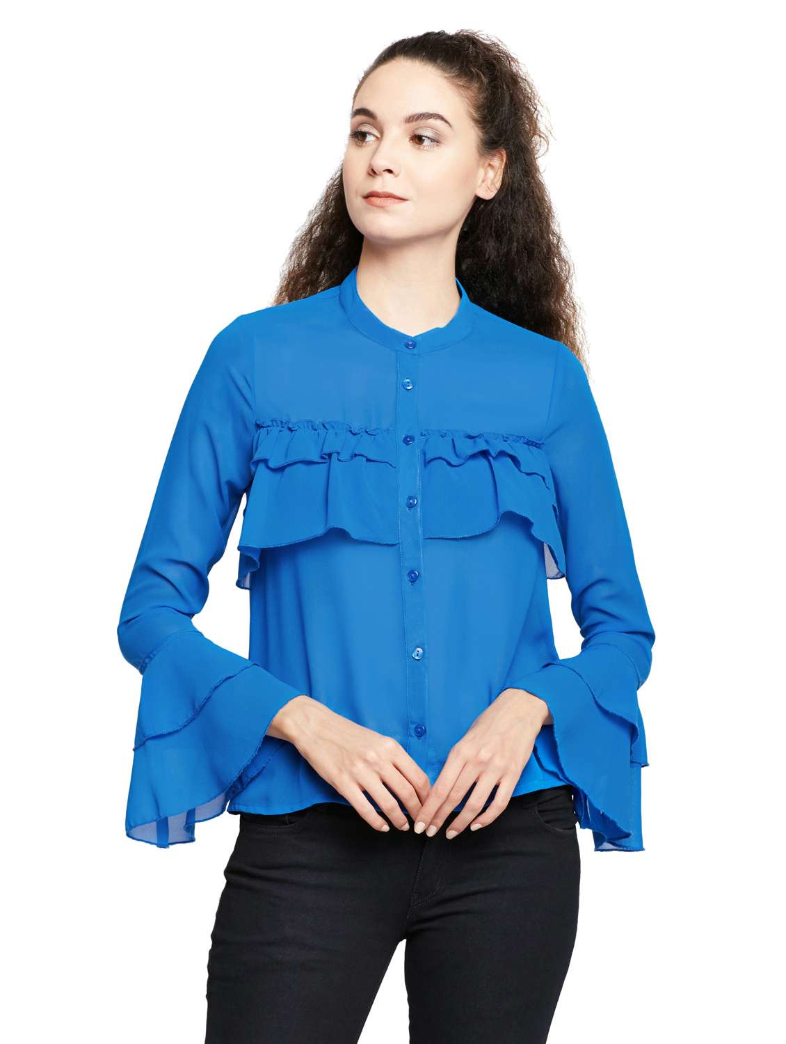 band collared ruffled detail shirt