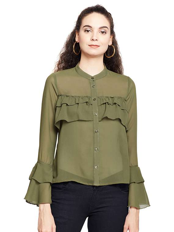 band collared ruffled detail shirt