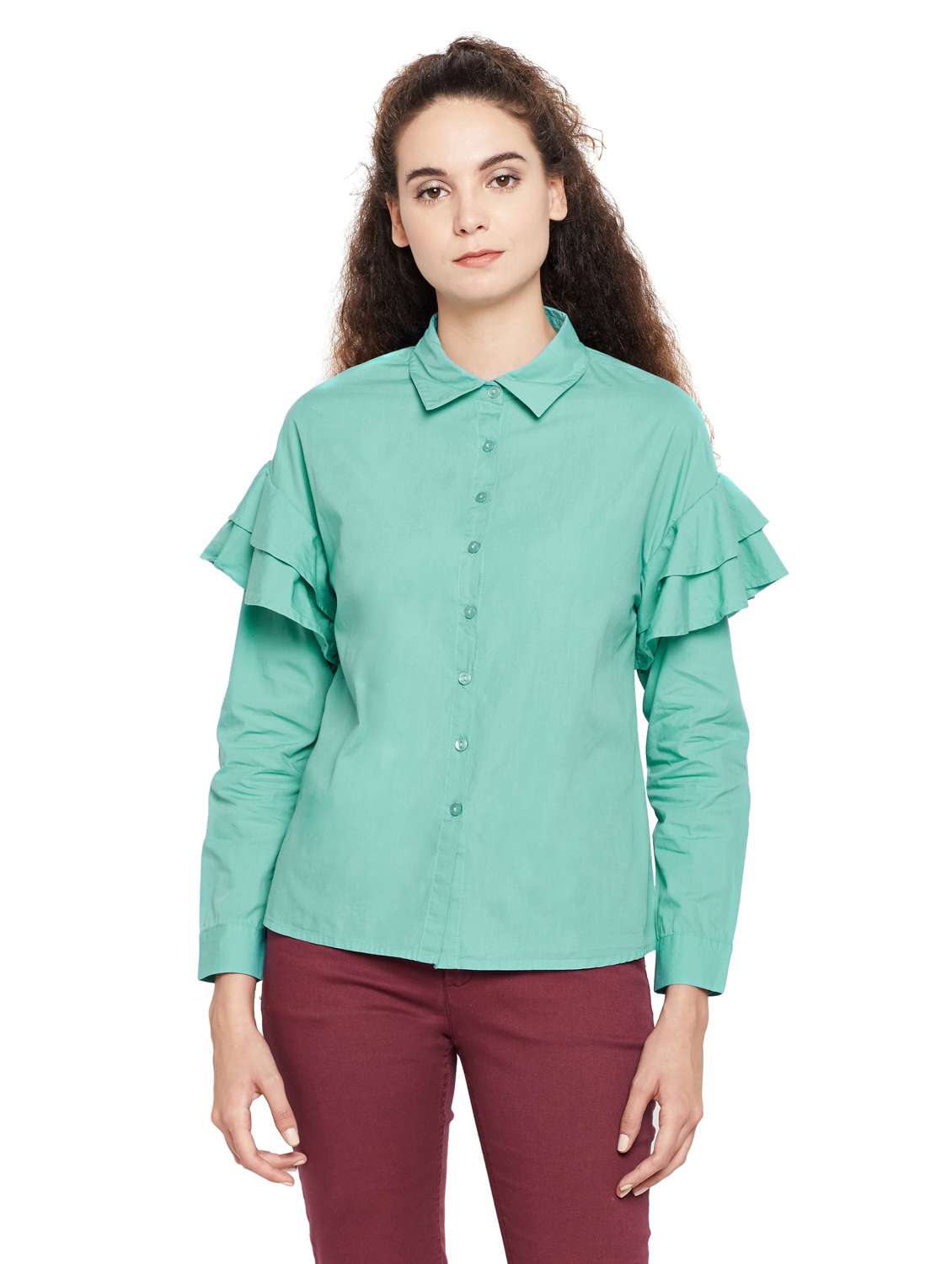 ruffled detail solid shirt