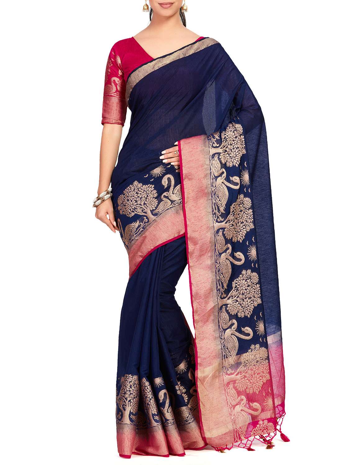 conversational border linen woven saree with blouse