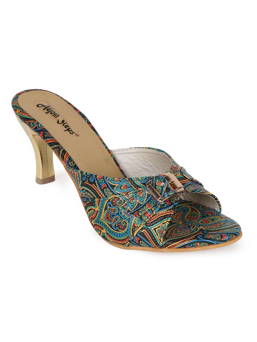 printed slip on cone heel sandal