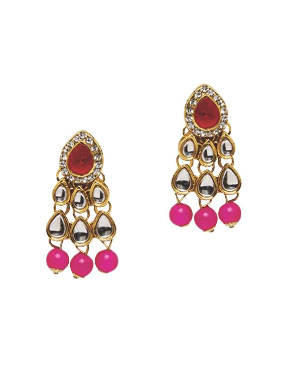 pink gold tone necklace, earrings & maangteeka set - 15636088 -  Standard Image - 1