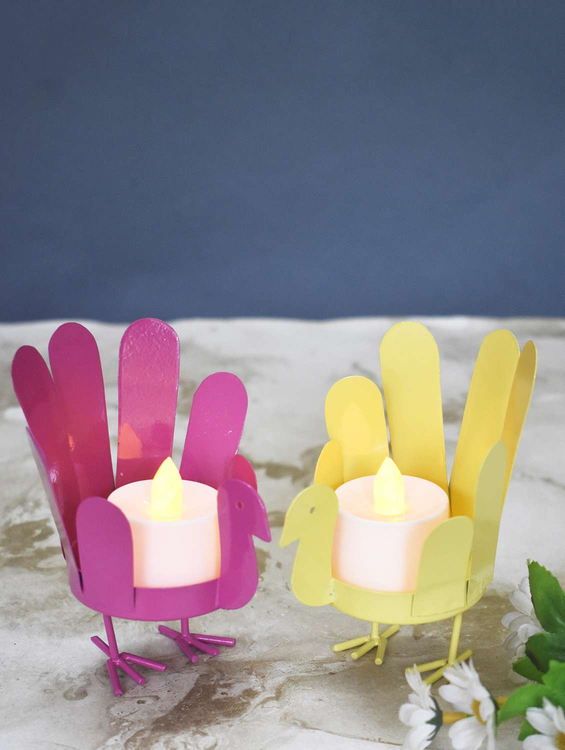 color palette yellow and pink bird t light holders - set