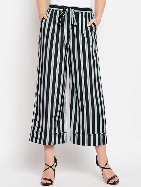 striped tie up waist wide leg trouser