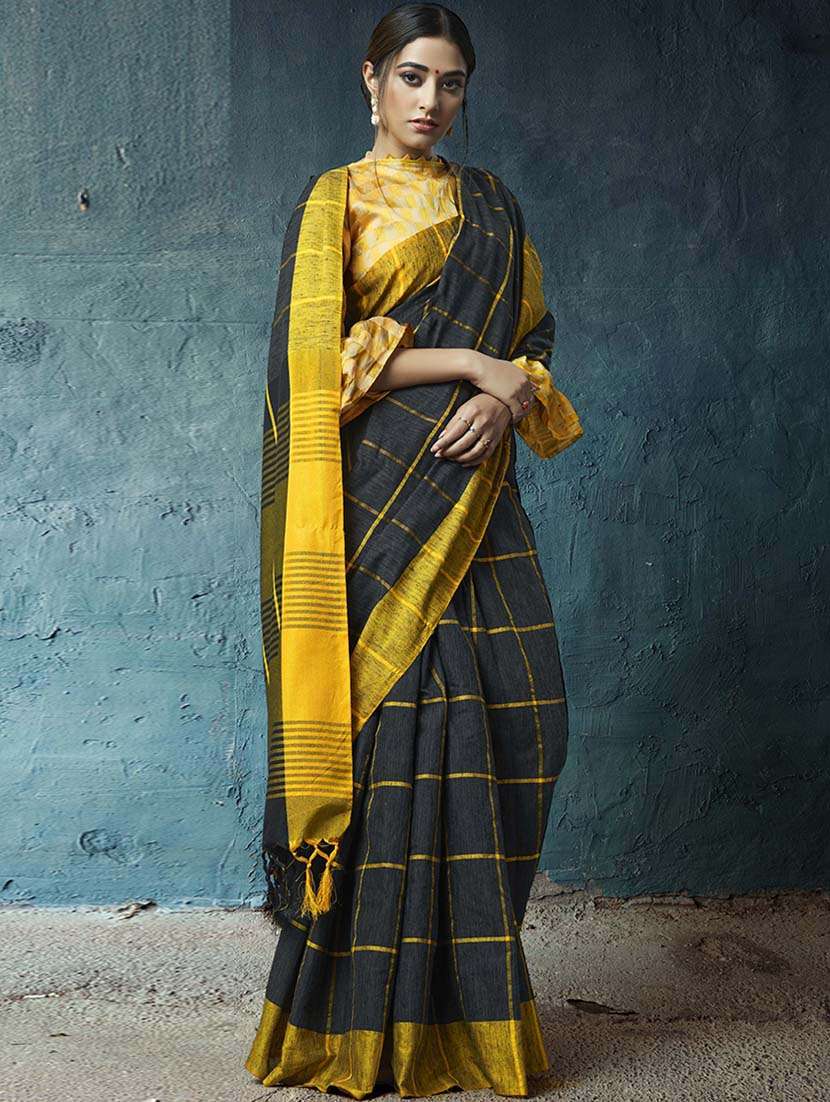 linen checkered printed saree with blouse