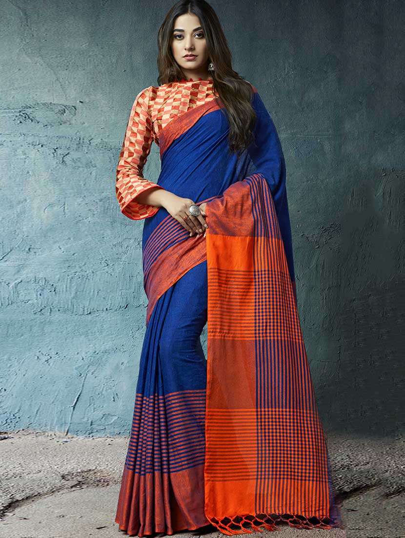 linen stripes bordered saree with blouse