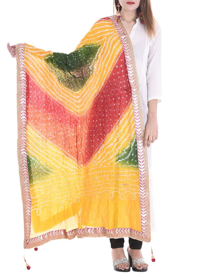bandhani dupatta with gota patti & tassels detailing - 15645824 - Zoom Image - 0