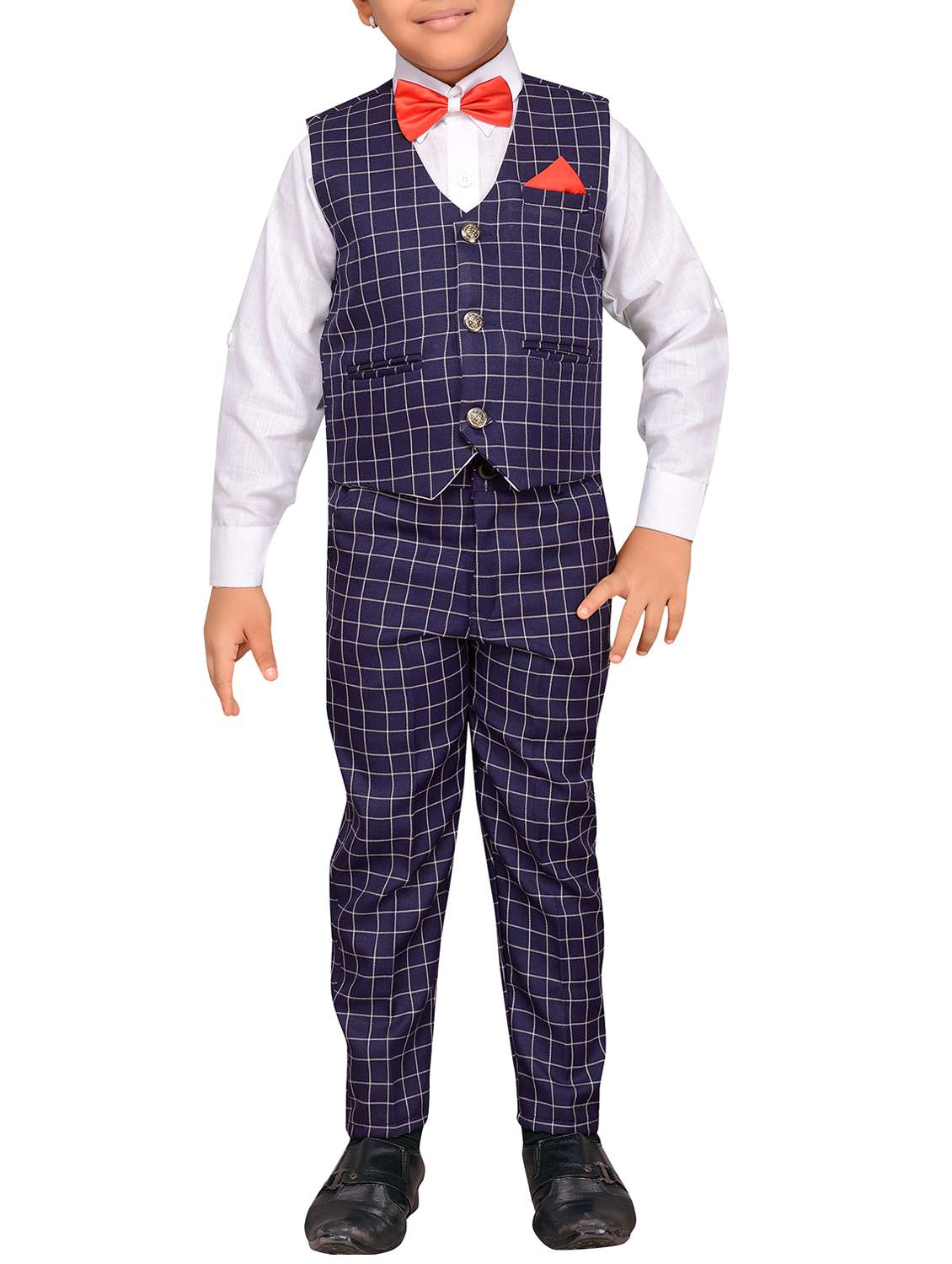 blue cotton blend waistcoat suit set