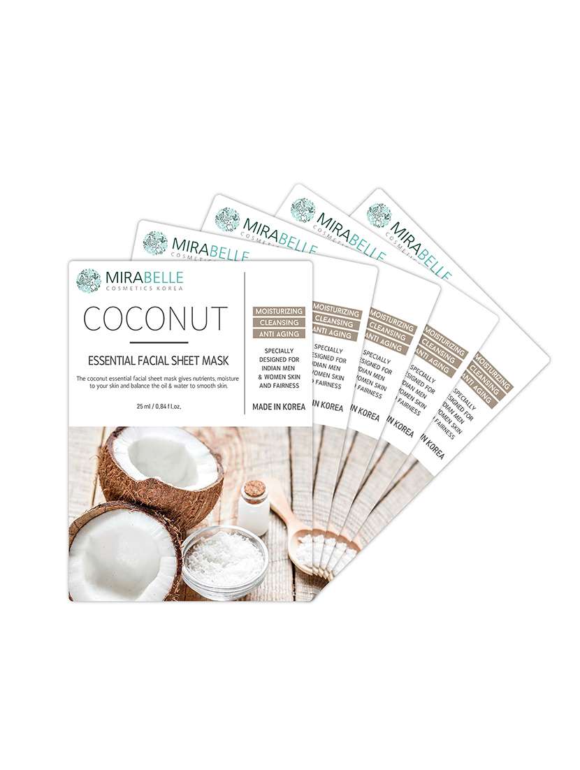 mirabella coconut essential facial sheet mask (pack of 5)