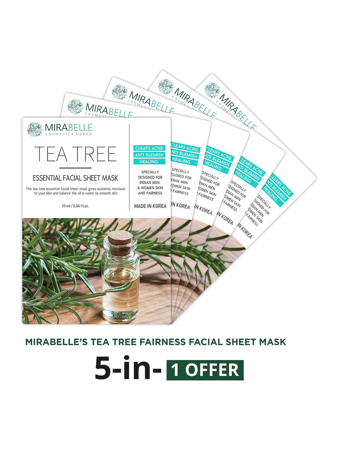 mirabelle korea tea tree essential facial sheet mask (a pack of 5)