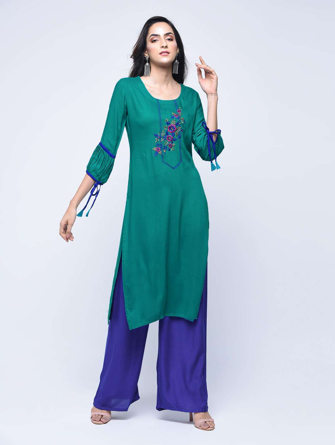 teal lantern sleeves embroidered kurta