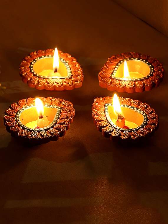 aapno rajasthan delicately carved terracotta diyas - set of 4 - 15649170 -  Standard Image - 1