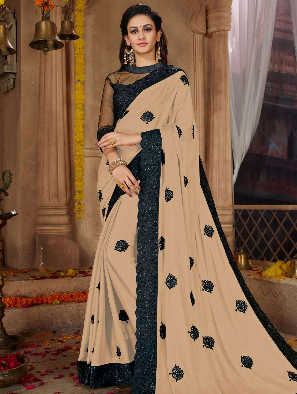 floral sequined embroidered saree