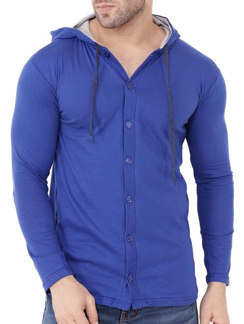 men blue slim fit long sleeve hooded shirt - 15651715 - Standard Image - 0