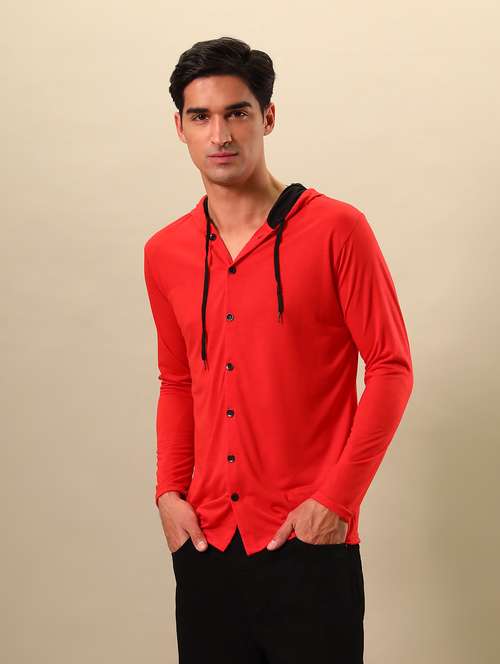 men slim fit long sleeve hooded shirt - 15651733 - Standard Image - 0