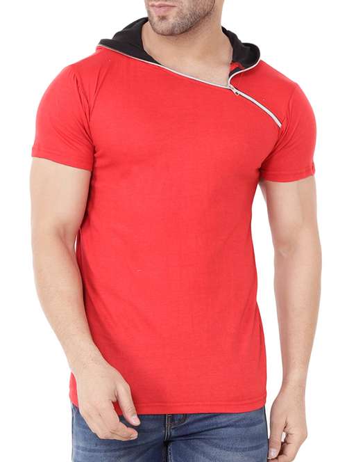 men red solid slimt fit hooded t-shirt - 15651735 - Standard Image - 0