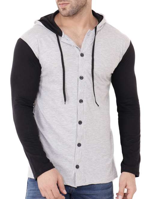 grey color block hood neck shirt - 15651746 - Standard Image - 0