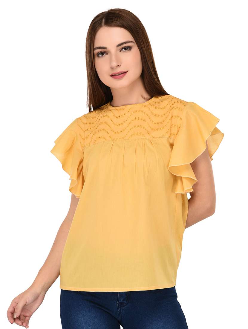 schiffli yoke ruffle sleeve top