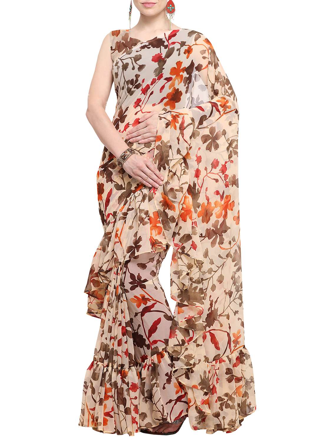 floral ruffle border saree with blouse