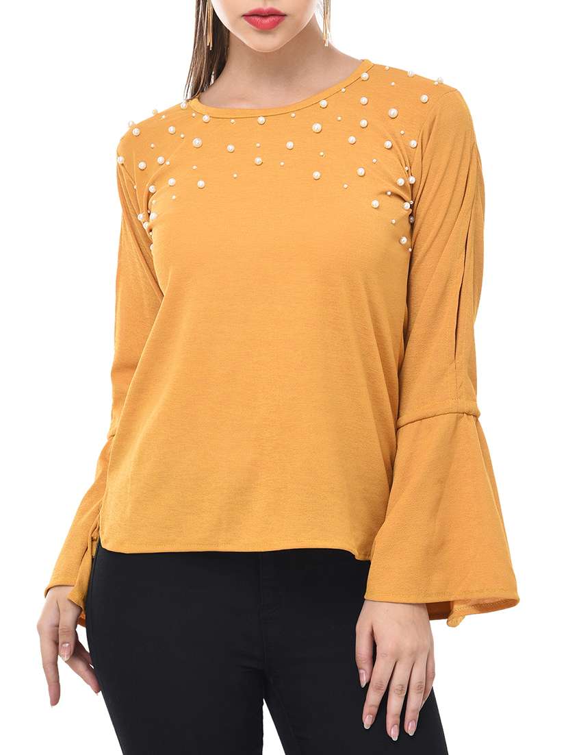 slit bell sleeved pearl embellished top
