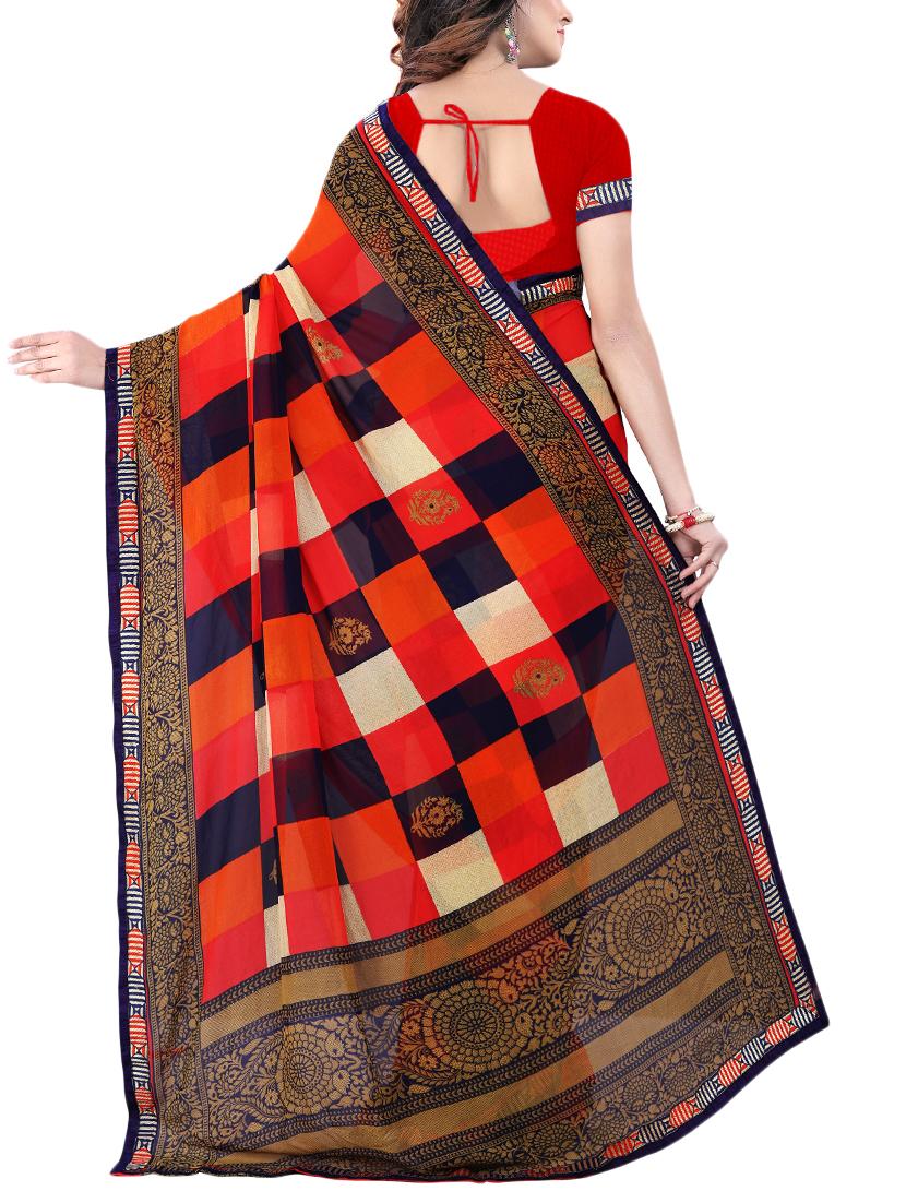 checkered printed saree with blouse - 15657535 -  Standard Image - 1