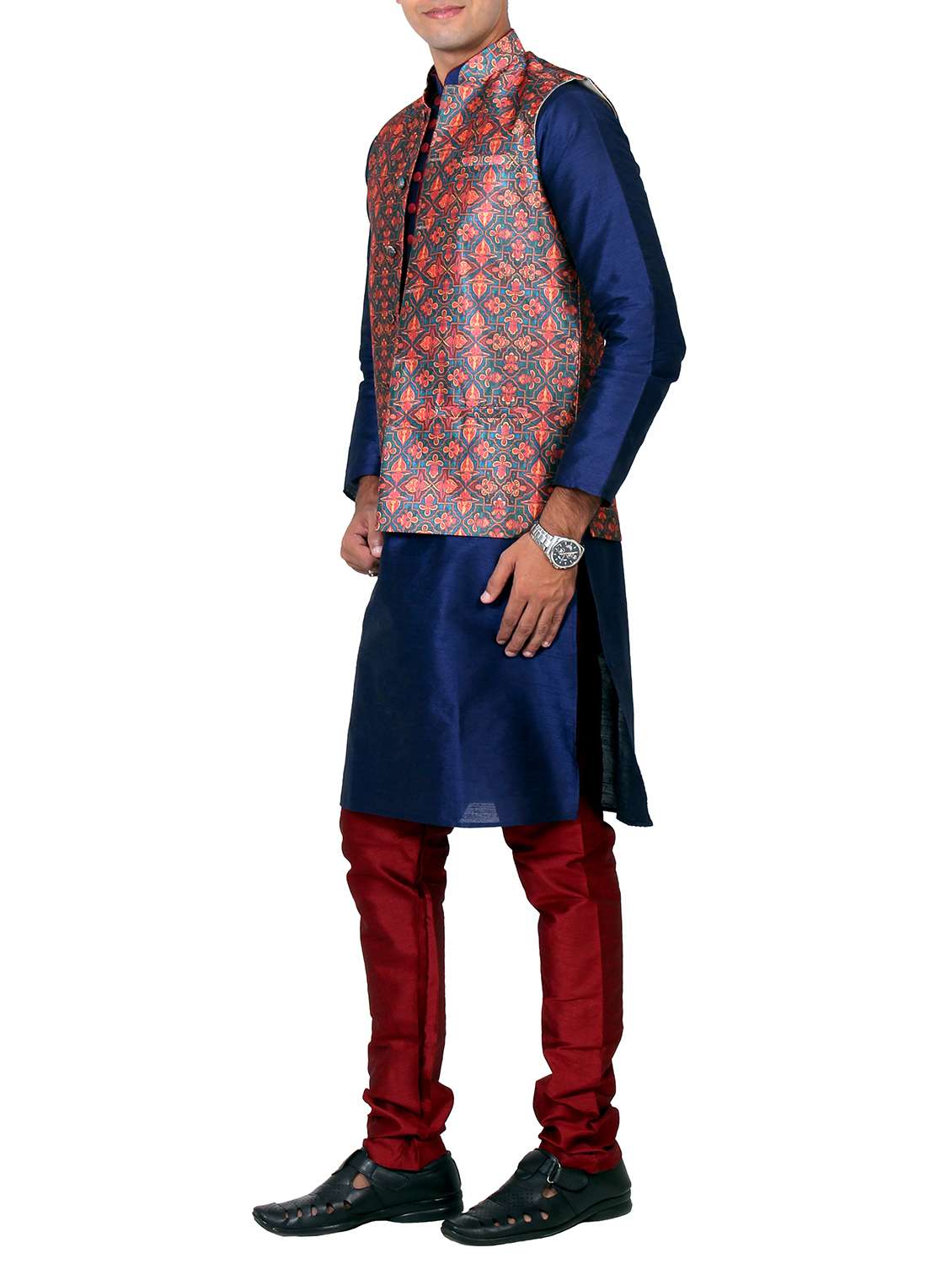 navy blue silk blend kurta pyjama set with nehru jacket - 15658279 -  Standard Image - 1