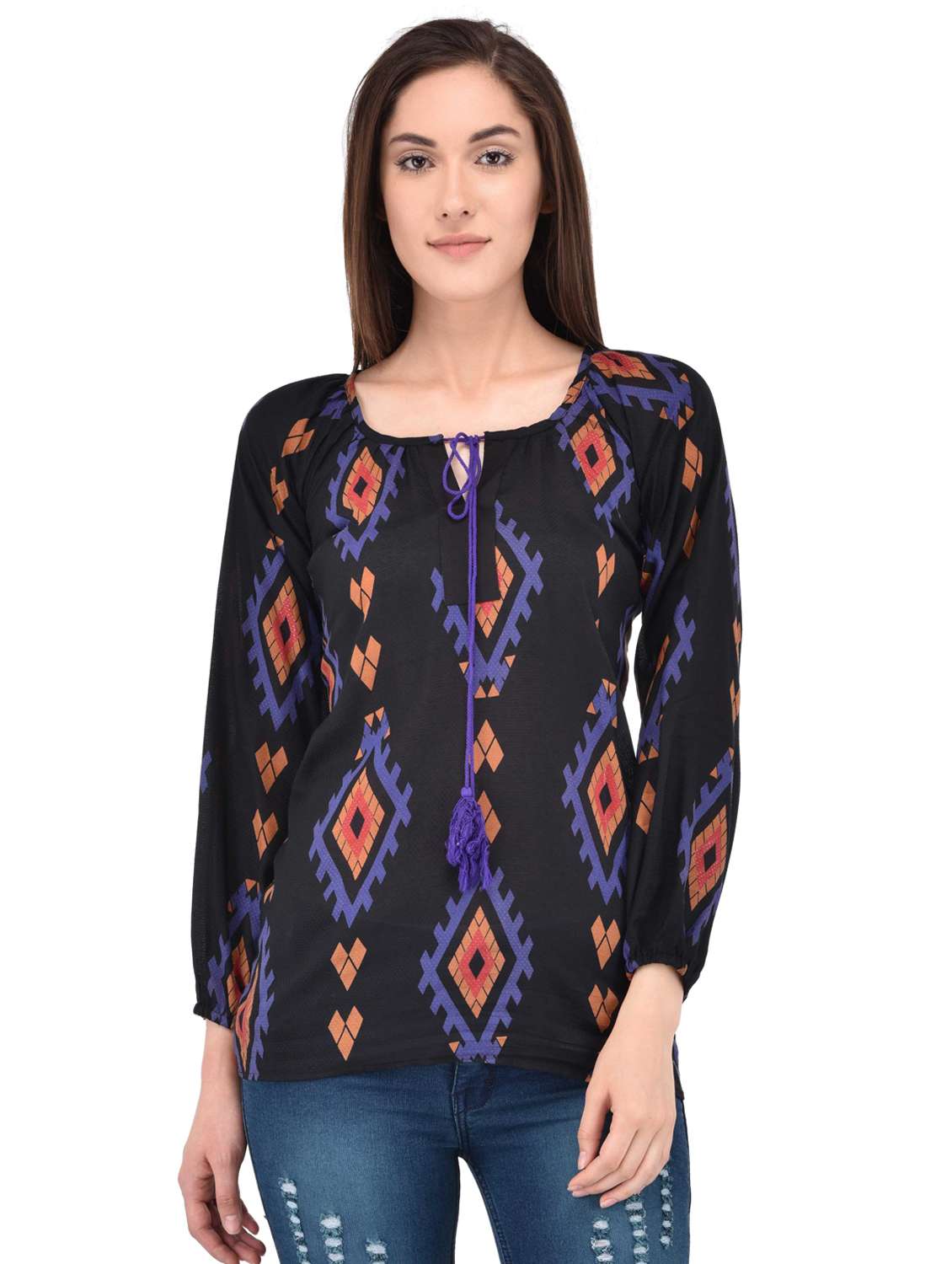 tassel tie-up geometric print top