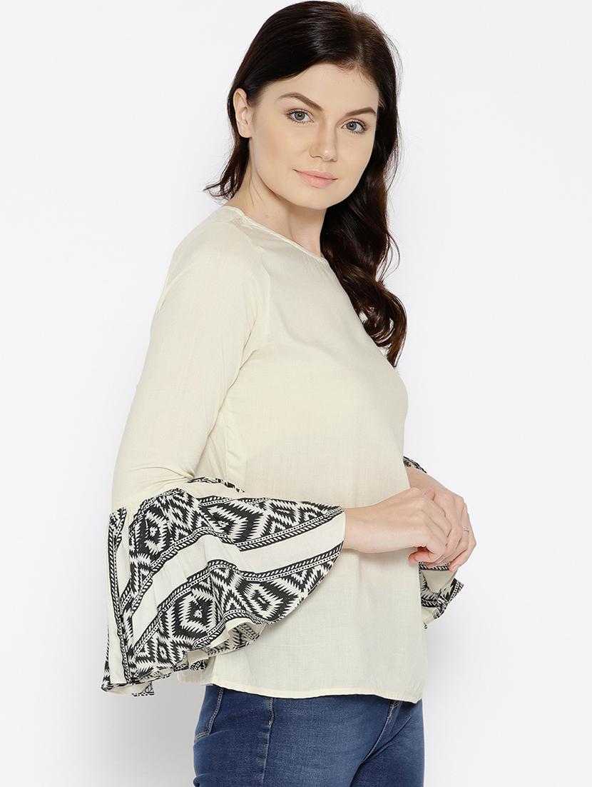 ikat printed bell sleeve boat neck top - 15669759 - Standard Image - 1
