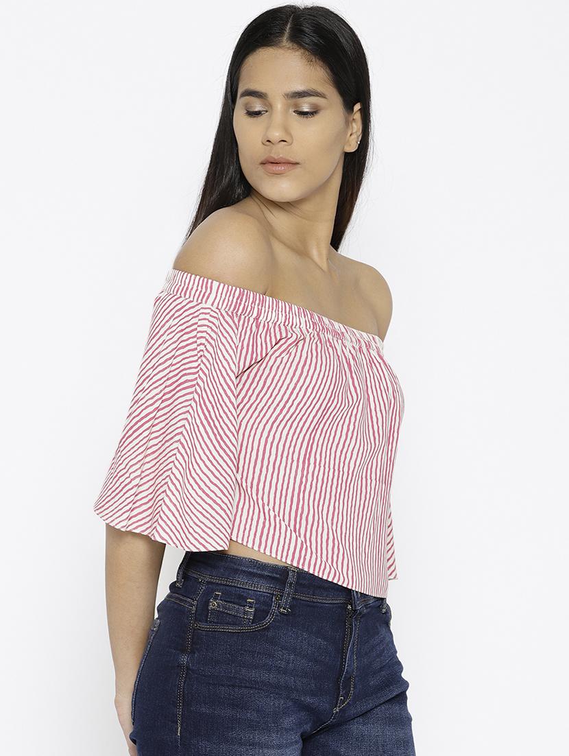 off shoulder striped crop top - 15669762 - Standard Image - 1